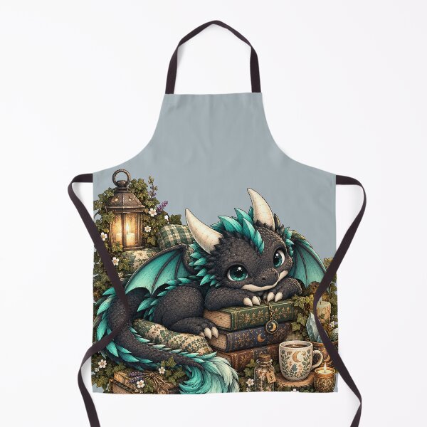 Item preview, Cozy Black and Teal Dragon with Books Whimsical Goth Cottagecore Art designed and sold by Hatchling Hollow.