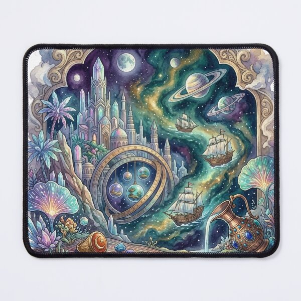Item preview, Interstellar Sailing Ship in Cosmic Nebula Watercolor Art designed and sold by Yaqon.