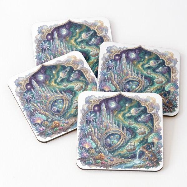 Item preview, Interstellar Sailing Ship in Cosmic Nebula Watercolor Art designed and sold by Yaqon.
