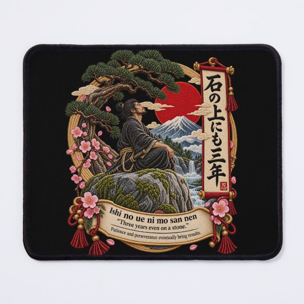 Item preview, Japanese Proverb Art – Ishi no Ue ni mo San Nen Patience Embroidery designed and sold by Emoji Emblems.