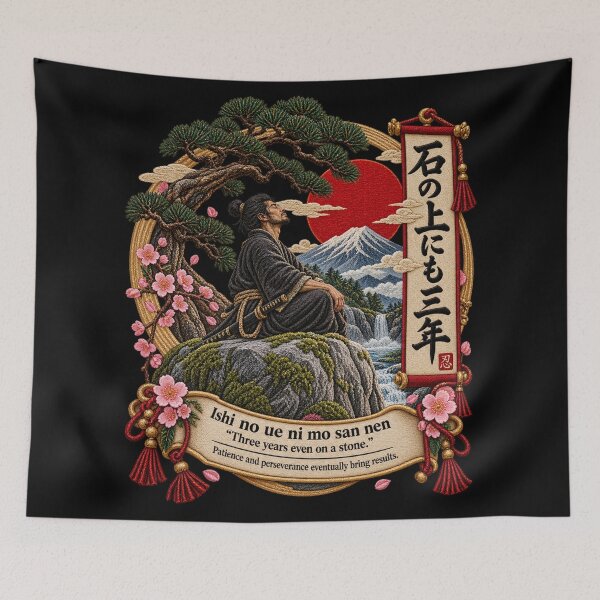 Item preview, Japanese Proverb Art – Ishi no Ue ni mo San Nen Patience Embroidery designed and sold by Emoji Emblems.