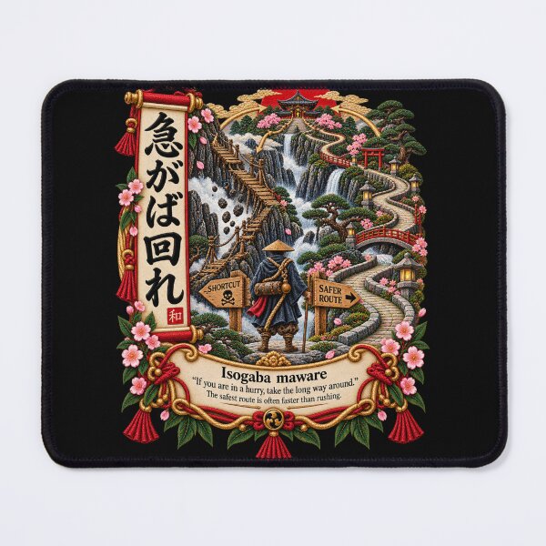 Item preview, Japanese Proverb Art – Isogaba Maware Safe Route Embroidery Design designed and sold by Emoji Emblems.