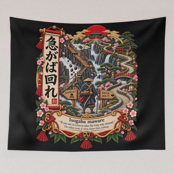 Item preview, Japanese Proverb Art – Isogaba Maware Safe Route Embroidery Design designed and sold by Emoji Emblems.