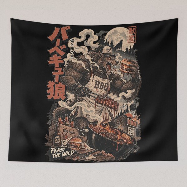 Item preview, BBQ Werewolf Smoke and Meat Japanese Vintage Art designed and sold by ElizBurkes.