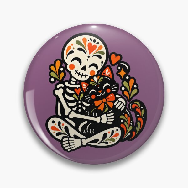 Item preview, Folk Art Skeleton Cuddling Black Cat designed and sold by Everwood Art Studio.