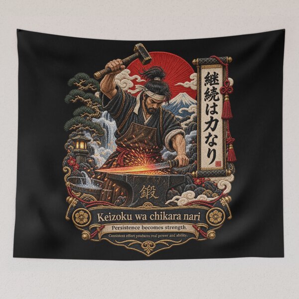 Item preview, Japanese Persistence Proverb Art – Keizoku wa Chikara Nari Swordsmith Embroidery designed and sold by Emoji Emblems.