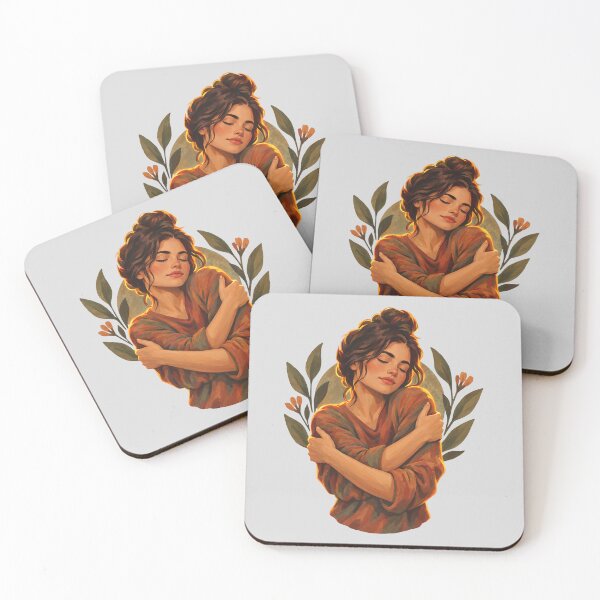 Item preview, Warm Self-Hugging Woman with Botanical Leaves designed and sold by hattie's.