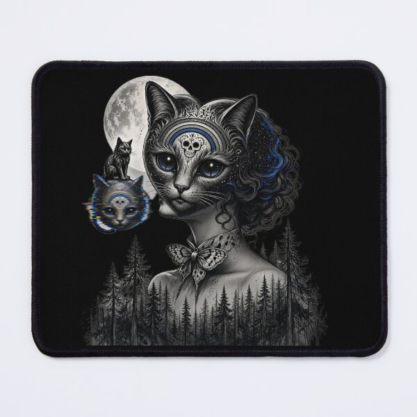 Item preview, Gothic Cat Lady Full Moon Skull Butterfly Bow Pine Forest Art designed and sold by LujziWorld.