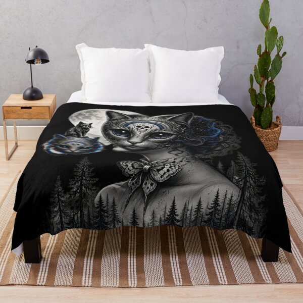 Item preview, Gothic Cat Lady Full Moon Skull Butterfly Bow Pine Forest Art designed and sold by LujziWorld.