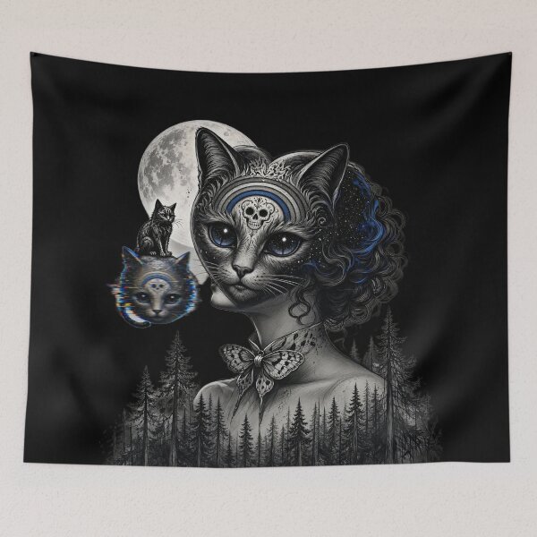 Item preview, Gothic Cat Lady Full Moon Skull Butterfly Bow Pine Forest Art designed and sold by LujziWorld.