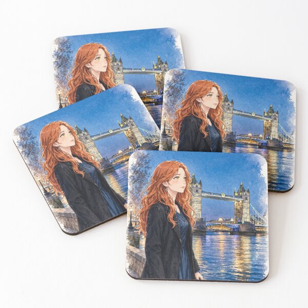 Item preview, United Kingdom London Tower Bridge with a Mysterious Redhead Traveler in Elegant Dark Blue Fashion, River Thames and Evening City Lights designed and sold by DibujandoPorfa.