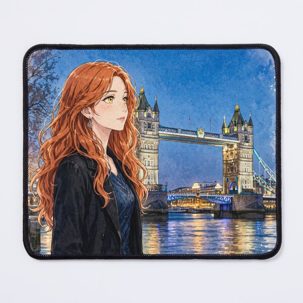 Item preview, United Kingdom London Tower Bridge with a Mysterious Redhead Traveler in Elegant Dark Blue Fashion, River Thames and Evening City Lights designed and sold by DibujandoPorfa.