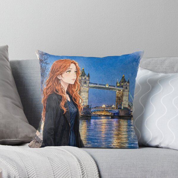 Item preview, United Kingdom London Tower Bridge with a Mysterious Redhead Traveler in Elegant Dark Blue Fashion, River Thames and Evening City Lights designed and sold by DibujandoPorfa.