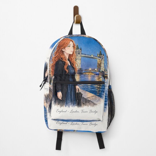 Item preview, United Kingdom London Tower Bridge with a Mysterious Redhead Traveler in Elegant Dark Blue Fashion, River Thames and Evening City Lights designed and sold by DibujandoPorfa.