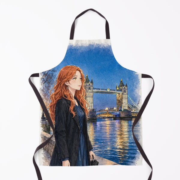 Item preview, United Kingdom London Tower Bridge with a Mysterious Redhead Traveler in Elegant Dark Blue Fashion, River Thames and Evening City Lights designed and sold by DibujandoPorfa.