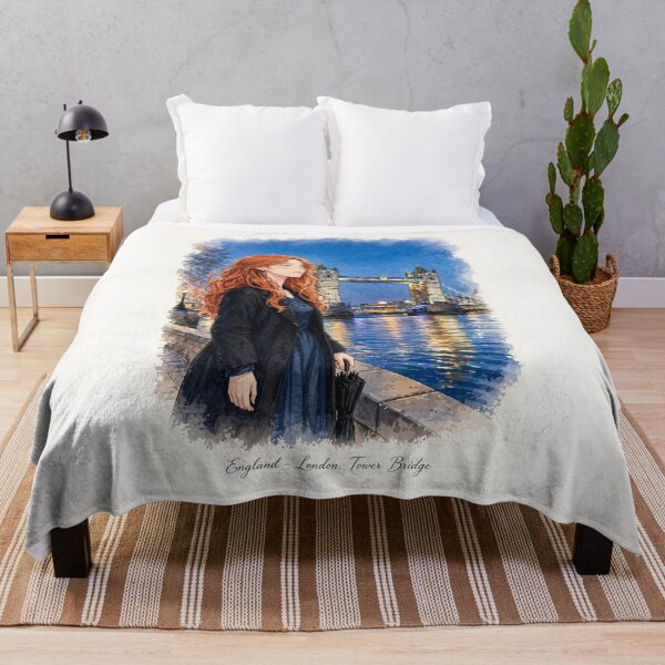 Item preview, United Kingdom London Tower Bridge with a Mysterious Redhead Traveler in Elegant Dark Blue Fashion, River Thames and Evening City Lights designed and sold by DibujandoPorfa.
