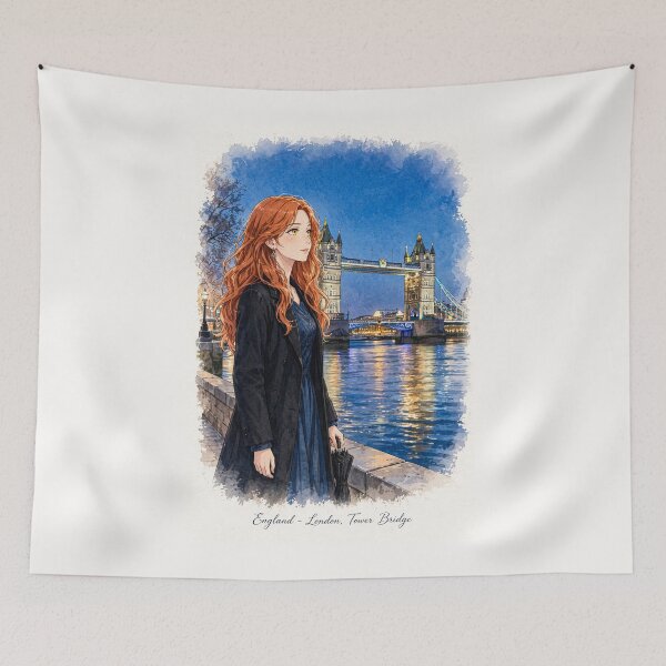 Item preview, United Kingdom London Tower Bridge with a Mysterious Redhead Traveler in Elegant Dark Blue Fashion, River Thames and Evening City Lights designed and sold by DibujandoPorfa.