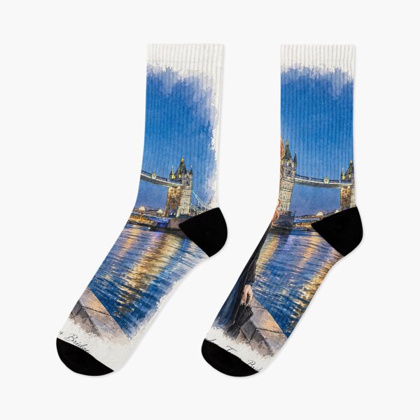 Item preview, United Kingdom London Tower Bridge with a Mysterious Redhead Traveler in Elegant Dark Blue Fashion, River Thames and Evening City Lights designed and sold by DibujandoPorfa.