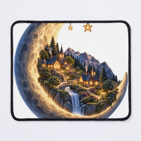 Item preview, Crescent Moon Holding a Tiny Village – Magical Night Fantasy designed and sold by Prince Tripathi .