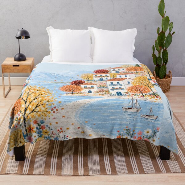 Item preview, Autumn Lake House Cottagecore Landscape  Cozy Fall Village & Mountain Art designed and sold by Quite mind .