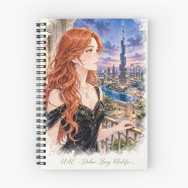Item preview, United Arab Emirates Dubai Burj Khalifa with a Glamorous Redhead Traveler in an Elegant Black Dress, Luxury Skyline and Twilight Cityscape designed and sold by DibujandoPorfa.