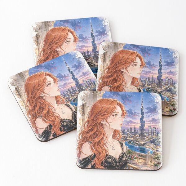 Item preview, United Arab Emirates Dubai Burj Khalifa with a Glamorous Redhead Traveler in an Elegant Black Dress, Luxury Skyline and Twilight Cityscape designed and sold by DibujandoPorfa.