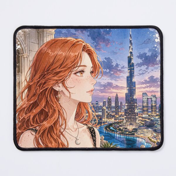 Item preview, United Arab Emirates Dubai Burj Khalifa with a Glamorous Redhead Traveler in an Elegant Black Dress, Luxury Skyline and Twilight Cityscape designed and sold by DibujandoPorfa.