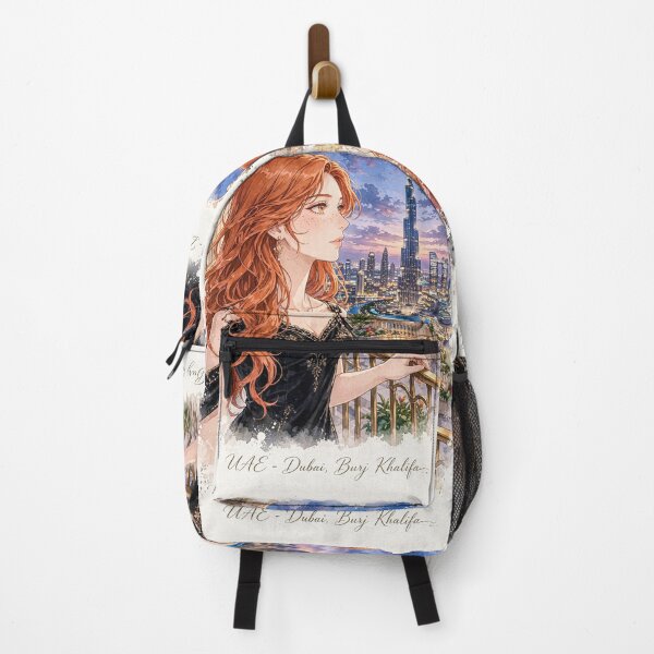 Item preview, United Arab Emirates Dubai Burj Khalifa with a Glamorous Redhead Traveler in an Elegant Black Dress, Luxury Skyline and Twilight Cityscape designed and sold by DibujandoPorfa.