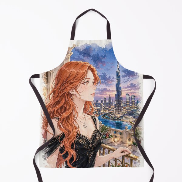 Item preview, United Arab Emirates Dubai Burj Khalifa with a Glamorous Redhead Traveler in an Elegant Black Dress, Luxury Skyline and Twilight Cityscape designed and sold by DibujandoPorfa.