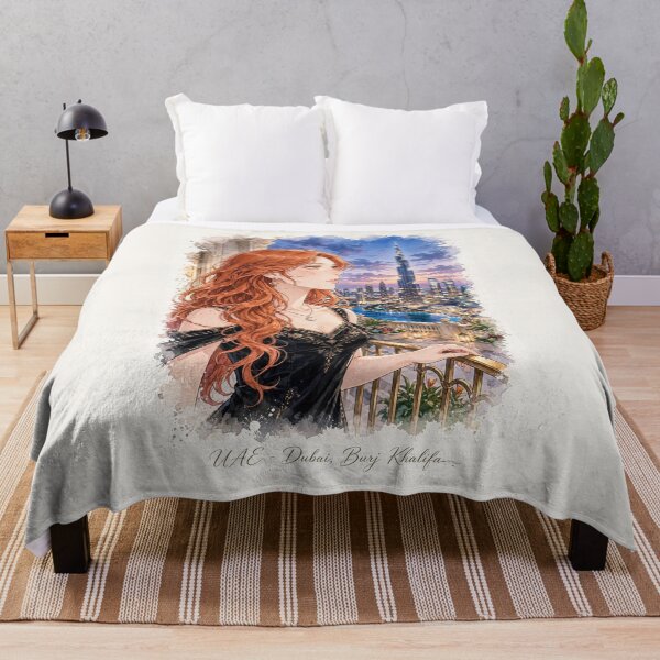 Item preview, United Arab Emirates Dubai Burj Khalifa with a Glamorous Redhead Traveler in an Elegant Black Dress, Luxury Skyline and Twilight Cityscape designed and sold by DibujandoPorfa.