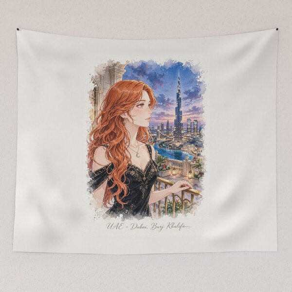 Item preview, United Arab Emirates Dubai Burj Khalifa with a Glamorous Redhead Traveler in an Elegant Black Dress, Luxury Skyline and Twilight Cityscape designed and sold by DibujandoPorfa.