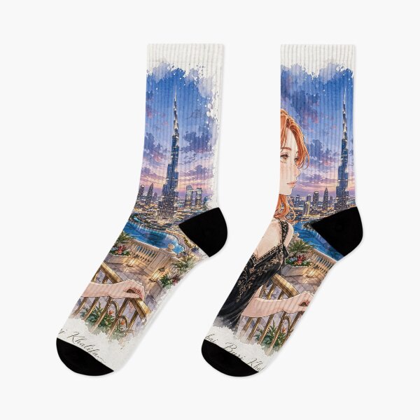Item preview, United Arab Emirates Dubai Burj Khalifa with a Glamorous Redhead Traveler in an Elegant Black Dress, Luxury Skyline and Twilight Cityscape designed and sold by DibujandoPorfa.