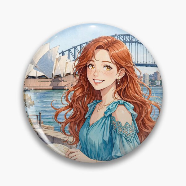 Item preview, Australia Sydney Opera House with a Radiant Redhead Traveler in a Flowing Turquoise Dress, Harbour Bridge and Beautiful Coastal Cityscape designed and sold by DibujandoPorfa.