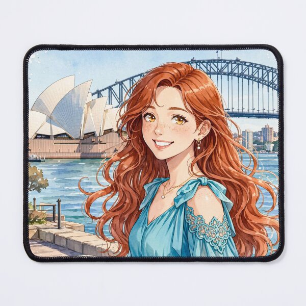 Item preview, Australia Sydney Opera House with a Radiant Redhead Traveler in a Flowing Turquoise Dress, Harbour Bridge and Beautiful Coastal Cityscape designed and sold by DibujandoPorfa.