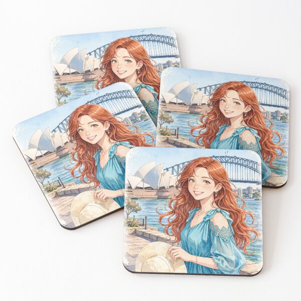 Item preview, Australia Sydney Opera House with a Radiant Redhead Traveler in a Flowing Turquoise Dress, Harbour Bridge and Beautiful Coastal Cityscape designed and sold by DibujandoPorfa.