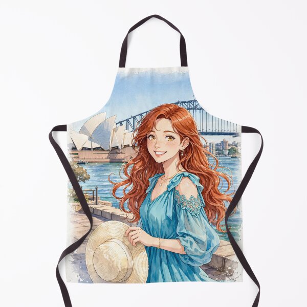 Item preview, Australia Sydney Opera House with a Radiant Redhead Traveler in a Flowing Turquoise Dress, Harbour Bridge and Beautiful Coastal Cityscape designed and sold by DibujandoPorfa.