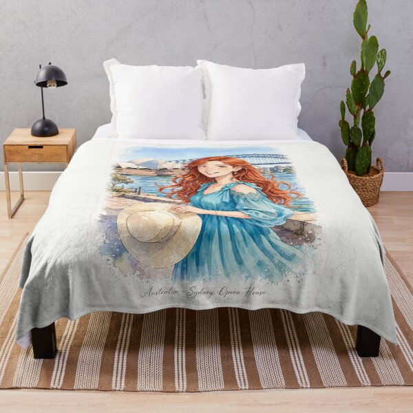 Item preview, Australia Sydney Opera House with a Radiant Redhead Traveler in a Flowing Turquoise Dress, Harbour Bridge and Beautiful Coastal Cityscape designed and sold by DibujandoPorfa.