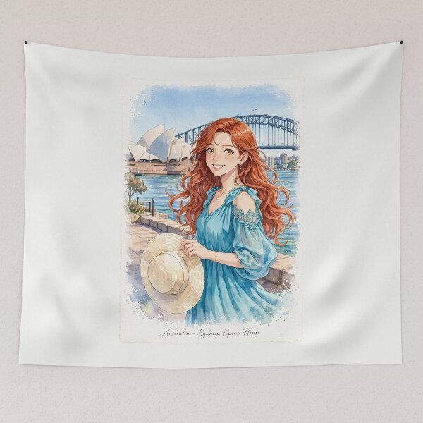 Item preview, Australia Sydney Opera House with a Radiant Redhead Traveler in a Flowing Turquoise Dress, Harbour Bridge and Beautiful Coastal Cityscape designed and sold by DibujandoPorfa.