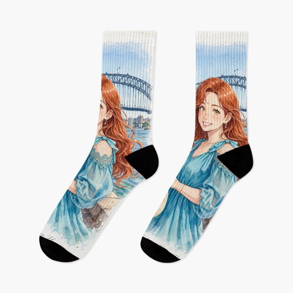 Item preview, Australia Sydney Opera House with a Radiant Redhead Traveler in a Flowing Turquoise Dress, Harbour Bridge and Beautiful Coastal Cityscape designed and sold by DibujandoPorfa.