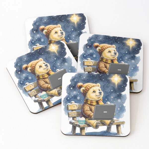 Item preview, Cozy Baby Bear Working on Laptop Starlight Night & Hot Cocoa   designed and sold by VibranPalette.