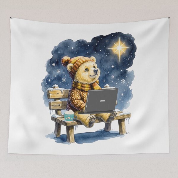Item preview, Cozy Baby Bear Working on Laptop Starlight Night & Hot Cocoa   designed and sold by VibranPalette.