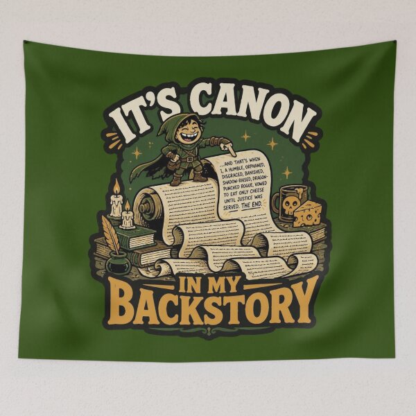 Item preview, Its Canon In My Backstory Rogue Scroll Retro T-Shirt Funny RPG Meme designed and sold by Dice_Goblin_Studio.