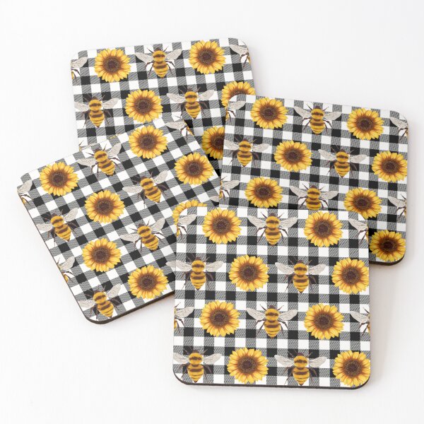 Item preview, Bees and Yellow Sunflowers Black White Checkered Pattern designed and sold by EmeraldeaArt.
