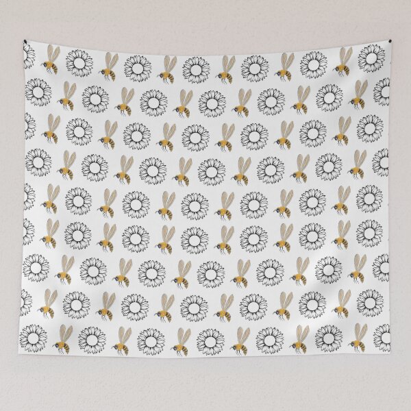 Item preview, Black Sunflower Outlines and Yellow Bees Pattern designed and sold by EmeraldeaArt.