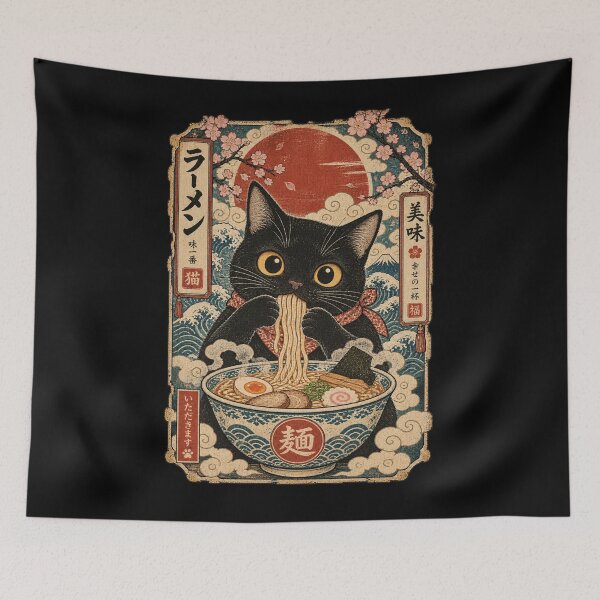Item preview, Cute Black Cat Eating Ramen Japanese Ukiyo-e Vintage Art designed and sold by will freed18.