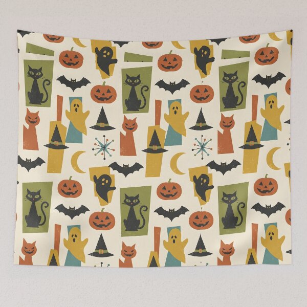 Item preview, Mid-Century Modern Halloween Pattern - Retro Spooky Cute Ghosts & Pumpkins designed and sold by ShabanMerch⭐⭐⭐.