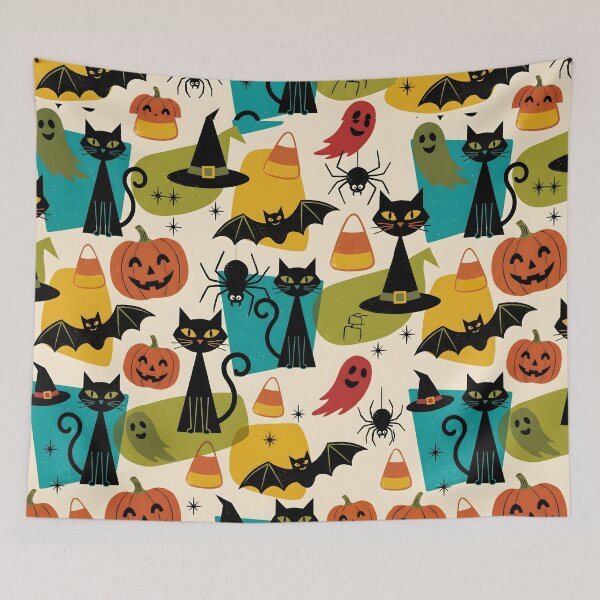 Item preview, Mid-Century Modern Halloween Pattern - Retro Spooky Cute Ghosts & Pumpkins designed and sold by ShabanMerch⭐⭐⭐.