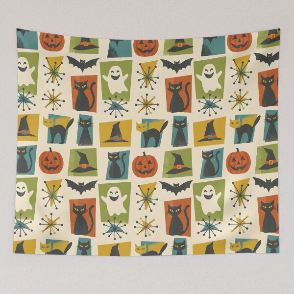Item preview, Mid-Century Modern Halloween Pattern - Retro Spooky Cute Ghosts & Pumpkins designed and sold by ShabanMerch⭐⭐⭐.