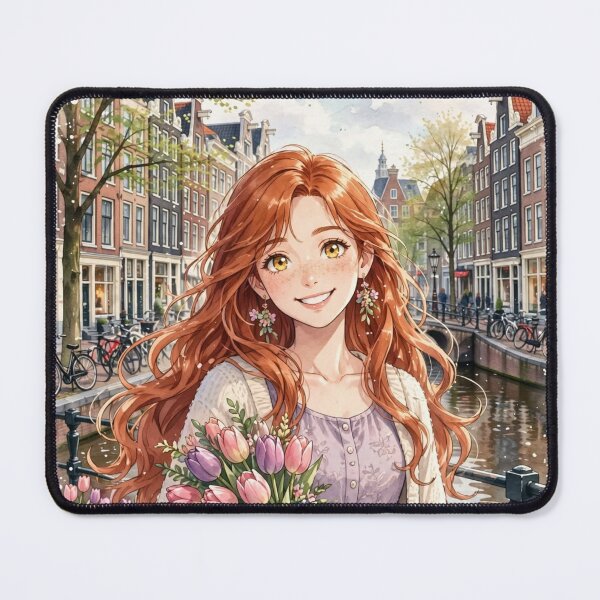 Item preview, Netherlands Amsterdam Canals with a Sweet Redhead Traveler Holding Tulips, Elegant Lavender Dress and Charming European Spring Cityscape designed and sold by DibujandoPorfa.