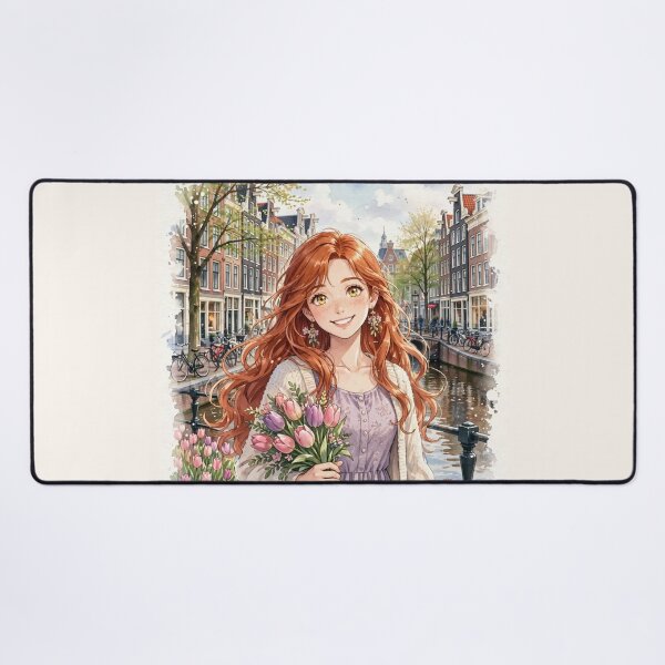 Item preview, Netherlands Amsterdam Canals with a Sweet Redhead Traveler Holding Tulips, Elegant Lavender Dress and Charming European Spring Cityscape designed and sold by DibujandoPorfa.